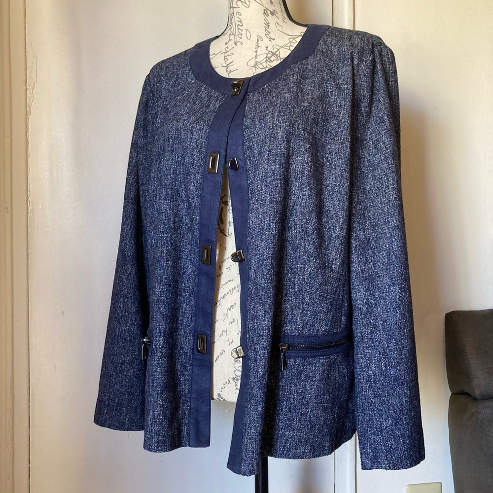 Lafayette 148 New York Tweed Pattern Denim Blue Linen Turn Lock Cardigan Jacket